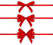 Set of different red bows with horizontal ribbon for holiday design isolated on white.