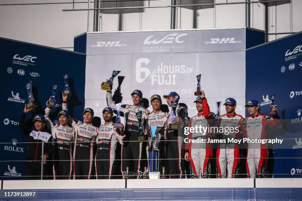 The podium : Shigeki Tomoyama of Japan and President of the Gazoo Racing Company; Kamui Kobayashi of Japan and Toyota Gazoo Racing; Mike Conway of...