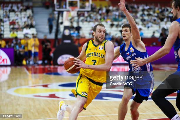 Joe Ingles of Australia goes to the basket against Pavel Pumprla of Czech Republic during FIBA World Cup 2019 quarter-final match between Australia...
