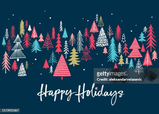 ilustraciones, imágenes clip art, dibujos animados e iconos de stock de tarjeta de vacaciones con árboles de navidad - christmas tree