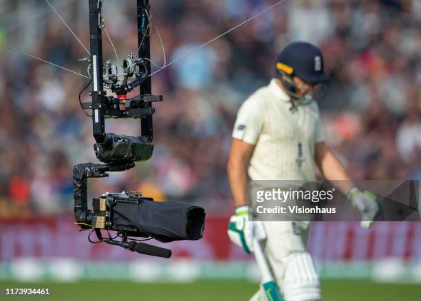 Spidercam filming during day five of the 4th Specsavers Ashes Test at Emirates Old Trafford on September 8, 2019 in Manchester, England.