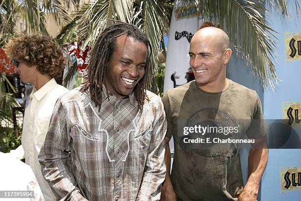 Sal Masekela and Kelly Slater during The Premiere of Columbia Pictures and Sony Pictures Animation's "SURF'S UP" at Mann Village Theatre in Westwood,...