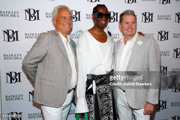 Designer Mark Badgley, James Mischka and Miss J attend Badgley fashion show during New York Fashion Week: The Shows at Gallery I at Spring Studios on...