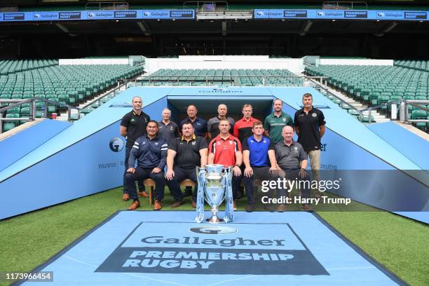 The 12 Director of Rugby for the Gallagher Premiership Rugby sides pose for a photo. From Left to Right: Top - Paul Gustard of Harlequins, Alan...