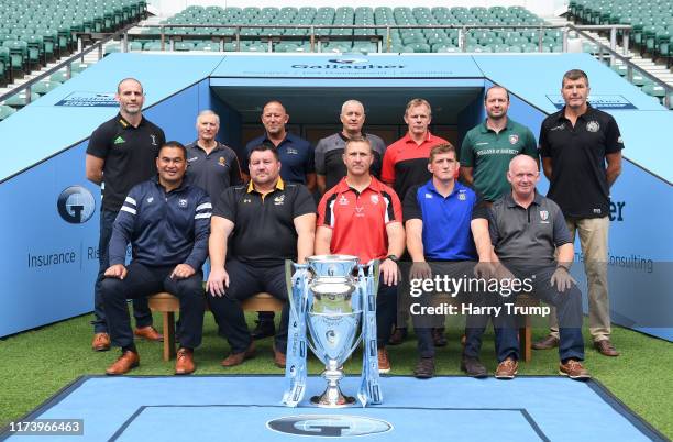 The 12 Director of Rugby for the Gallagher Premiership Rugby sides pose for a photo. From Left to Right: Top - Paul Gustard of Harlequins, Alan...