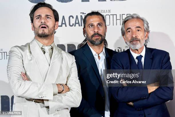 Actors Asier Etxeandia , Imanol Arias and Hugo Silva attend 'Sordo' premiere at the Capitol cinema on September 11, 2019 in Madrid, Spain.