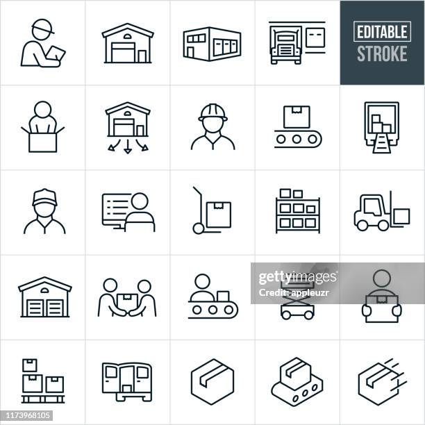 ilustraciones, imágenes clip art, dibujos animados e iconos de stock de iconos de línea fina del almacén de distribución - trazo editable - cuarto almacén