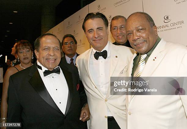 Cachao, Andy Garcia and Quincy Jones during Carnival Center Grand Opening - Red Carpet at Carnival Center for the Performing Arts in Miami, Florida,...