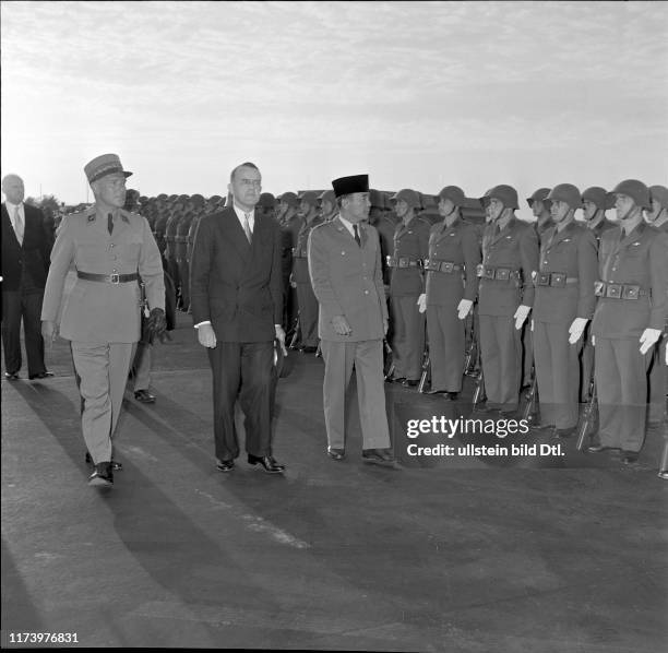 Indonesia's President Sukarno inspecting the guard of honour, Kloten 1956