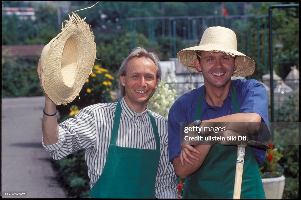 Beat Antenen and Mariano Tschuor, as gardeners in "Landuf, Landab" 1993,Beat Antenen and Mariano Tschuor, as gardeners in "Landuf, Landab" 1993