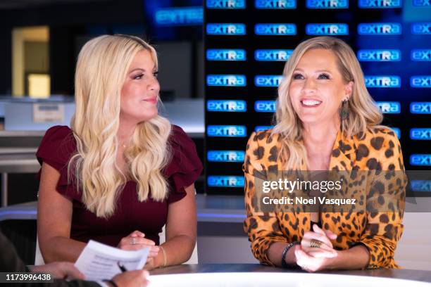 Tori Spelling and Jennie Garth visit "Extra" at Burbank Studios on September 11, 2019 in Burbank, California.