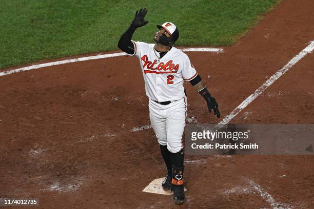 Jonathan Villar of the Baltimore Orioles celebrates his three run home run against the Los Angeles Dodgers during the seventh inning at Oriole Park...