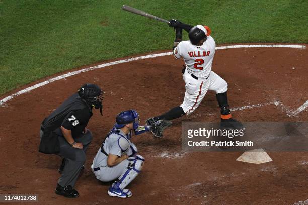 Jonathan Villar of the Baltimore Orioles watches his three run home run against the Los Angeles Dodgers during the seventh inning at Oriole Park at...