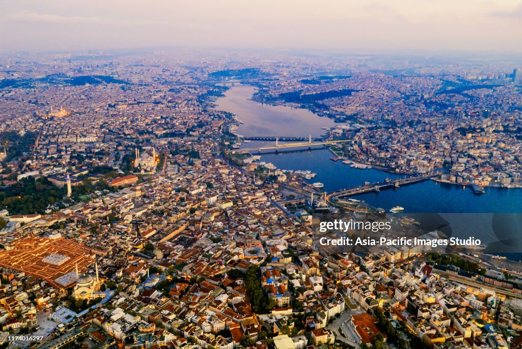 Aerial view of Istanbul at sunrise, Turkey.