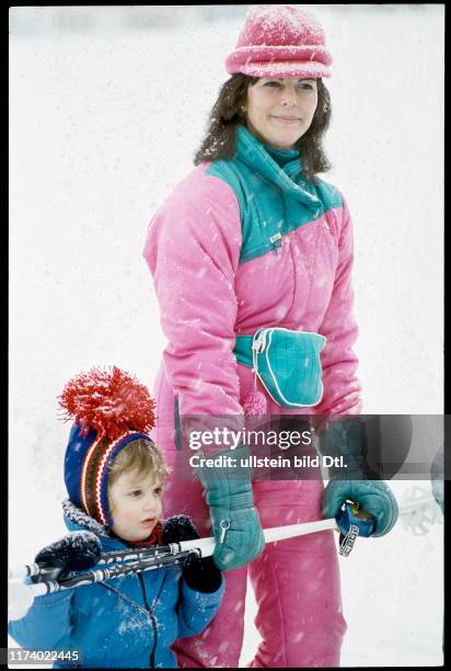 Silvia of Sweden with son Carl Philip in Verbier, 1983