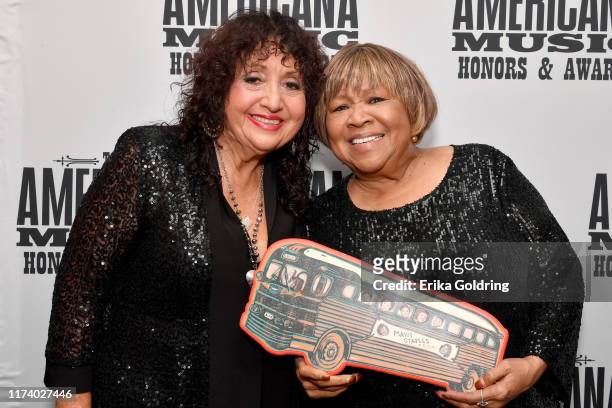 Maria Muldaur and Mavis Staples seen backstage during the 2019 Americana Honors & Awards at Ryman Auditorium on September 11, 2019 in Nashville,...