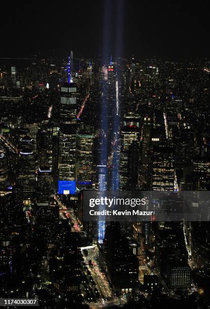 An aerial view of the World Trade Center site is shown on the 18th anniversary of the September 11 terrorist attacks in Lower Manhattan September 11,...