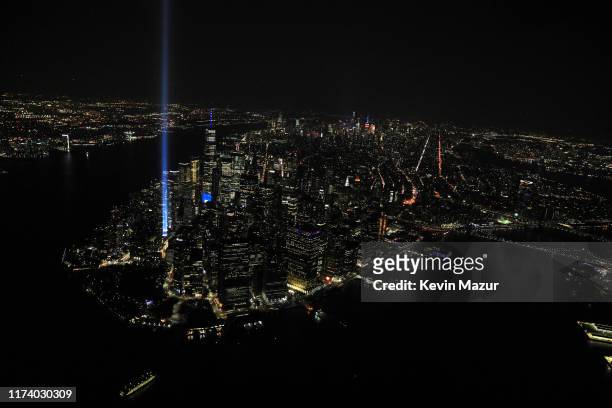 An aerial view of the World Trade Center site is shown on the 18th anniversary of the September 11 terrorist attacks in Lower Manhattan September 11,...