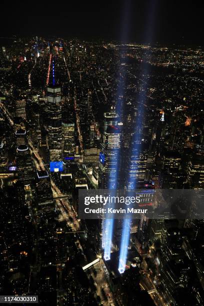 An aerial view of the World Trade Center site is shown on the 18th anniversary of the September 11 terrorist attacks in Lower Manhattan September 11,...