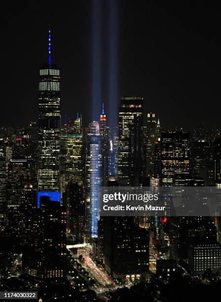 An aerial view of the World Trade Center site is shown on the 18th anniversary of the September 11 terrorist attacks in Lower Manhattan September 11,...