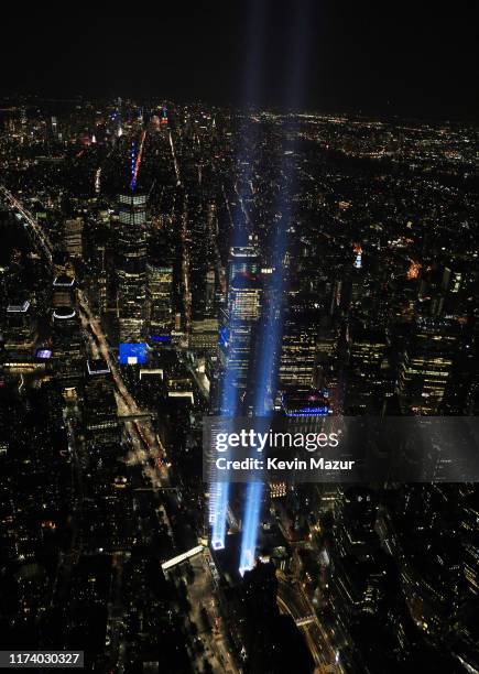 An aerial view of the World Trade Center site is shown on the 18th anniversary of the September 11 terrorist attacks in Lower Manhattan September 11,...