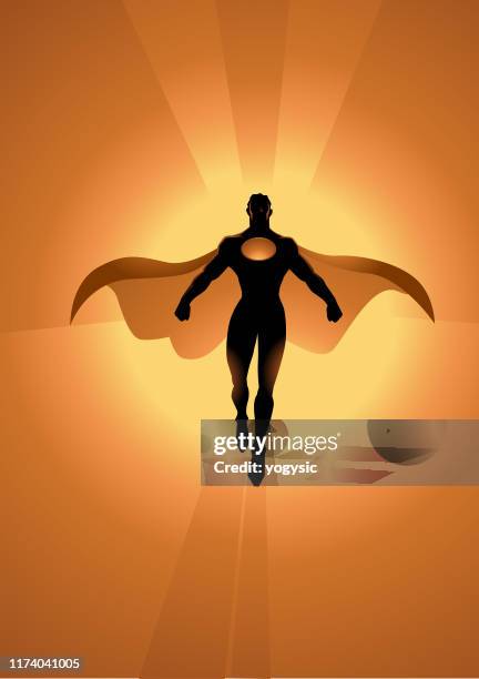 vector superhero floating in the air silhouette illustration - superman silhouette stock illustrations