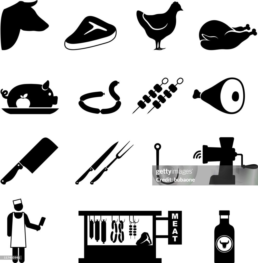 Butcher and meat shop black & white vector icon set