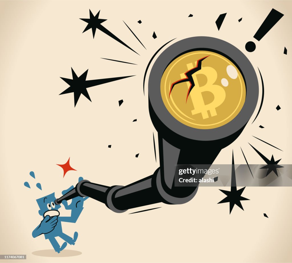 Businessman looking through a hand-held telescope with bitcoin sign and crack, cryptocurrency crash concept