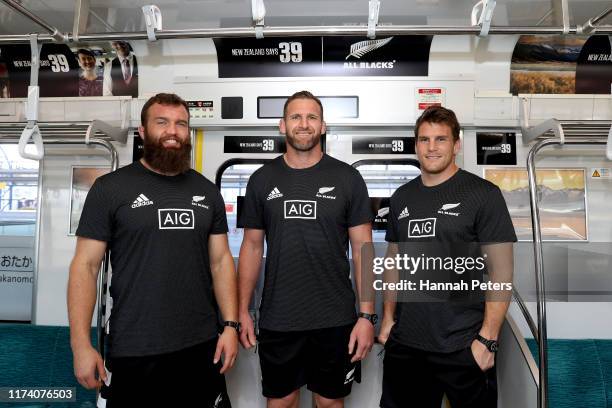 Liam Coltman, Kieran Read and Matt Todd of the All Blacks host Japanese media on a train to the launch of the New Zealand Says 39 campaign on...