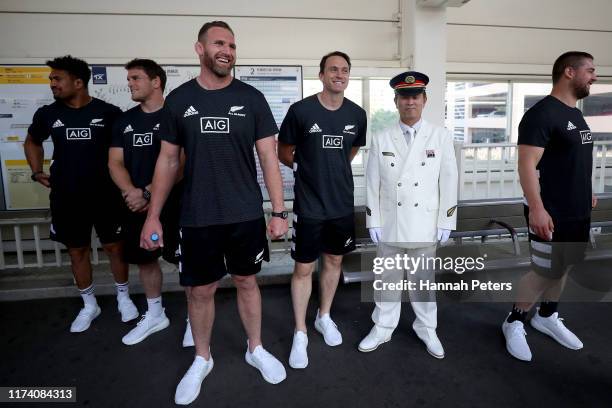 Ardie Savea, Matt Todd, Kieran Read Ben Smith and Dane Coles arrive at the Kashiwanoha Campus train station to host Japanese media on a train to the...