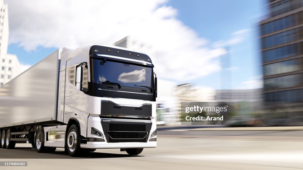 Semi-truck with trailer driving on a city road