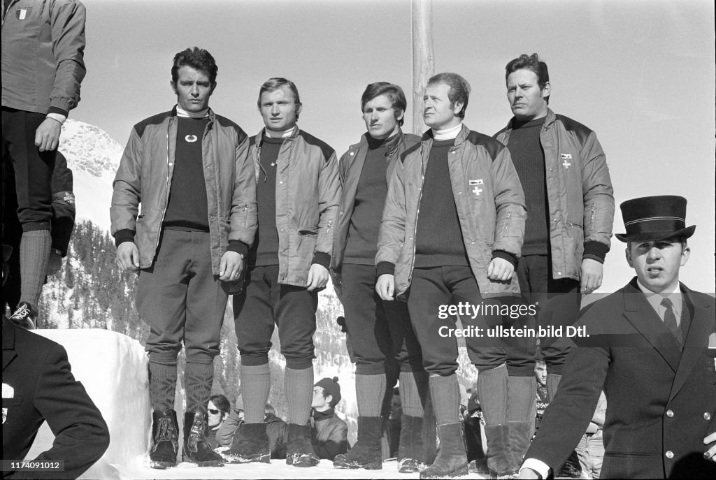 Bob-Weltmeisterschaft in St. Moritz, 1970: Bronze-Gewinner Schweiz mit Stadler, Candrian, Forster, Schärer, Wicki