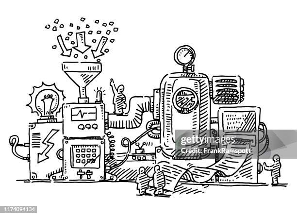 stockillustraties, clipart, cartoons en iconen met complexe machine weinig menselijke figuren tekenen - stormbaan