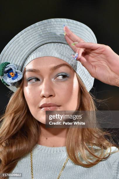 Detailed view of fashion worn by Gigi Hadid in the runway during the Marc Jacobs Spring 2020 Runway Show at Park Avenue Armory on September 11, 2019...