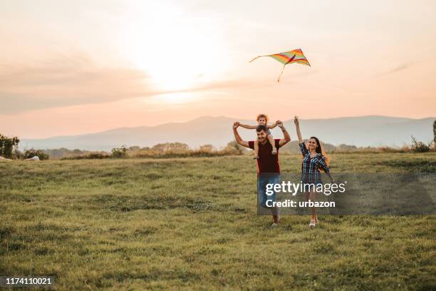 familie genieten samen - people flying kites stockfoto's en -beelden