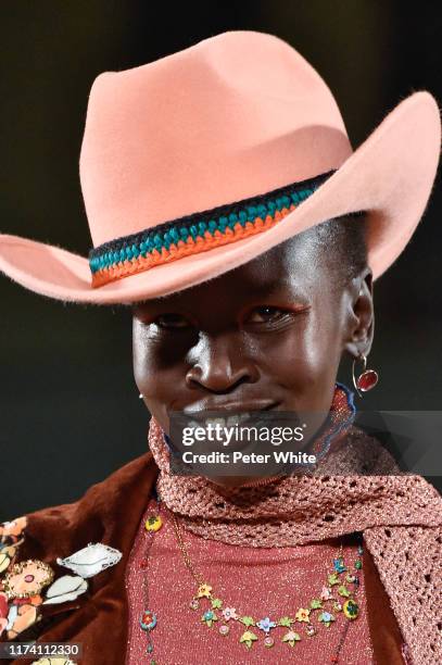 Detailed view of a model's fashion in the runway during the Marc Jacobs Spring 2020 Runway Show at Park Avenue Armory on September 11, 2019 in New...