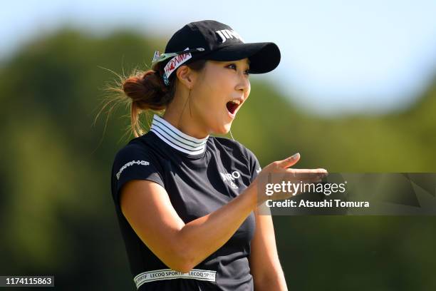 Ha-Neul Kim of South Korea reacts after holing a putt on the 10th hole during the first round of the 52nd LPGA Championship Konica Minolta Cup at the...