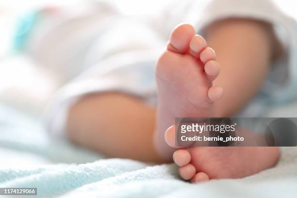 photo of newborn baby feet - his foot imagens e fotografias de stock