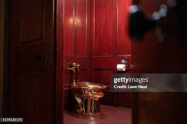 America", a fully-working solid gold toilet, created by artist Maurizio Cattelan, is seen at Blenheim Palace on September 12, 2019 in Woodstock,...