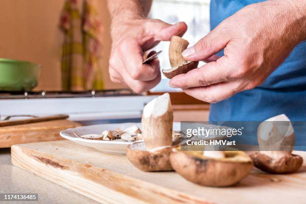 close up man hands preparing porcini mushrooms for meal - porcini mushroom stock pictures, royalty-free photos & images