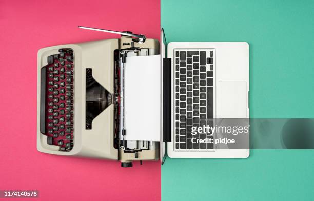 classic analog typewriter vs modern digital hi-tech laptop computer - the past stock pictures, royalty-free photos & images