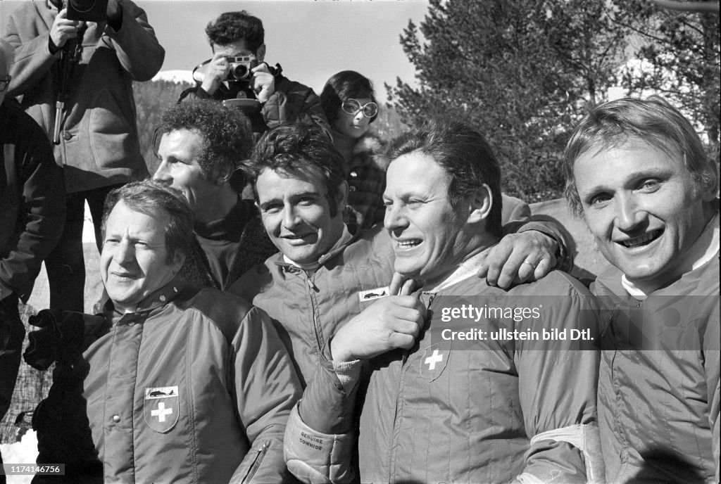 Bob-Weltmeisterschaft in St. Moritz, 1970: Bronze-Gewinner Schweiz mit Stadler, Candrian, Forster, Schärer, Wicki