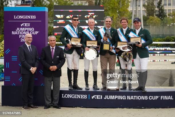 Matthieu Baumgartner, Igmar de Vos, Peter Moloney, Paul O'Shea , Darragh Kenny, Cian O'Connor of Ireland and Rodrigo Pessoa, coach of Ireland during...