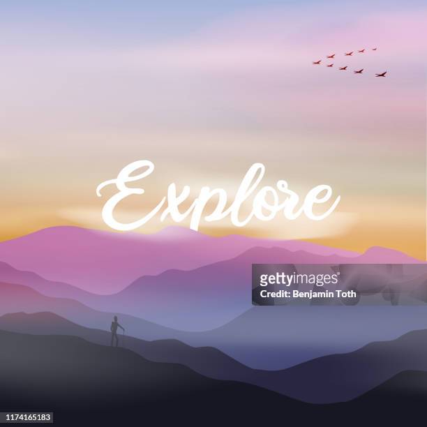 hiker in the mountains and geese flying in formation at dawn - aerial desert stock illustrations