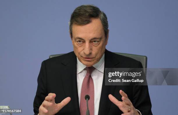 Mario Draghi, President of the European Central Bank, speaks to the media following a meeting of the ECB governing board on September 12, 2019 in...