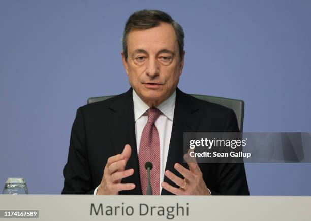 Mario Draghi, President of the European Central Bank, speaks to the media following a meeting of the ECB governing board on September 12, 2019 in...