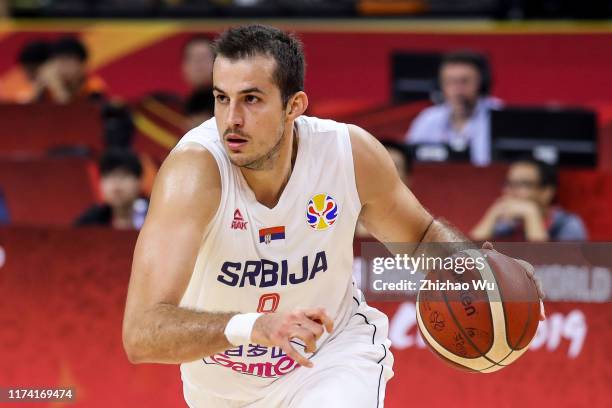 Nemanja Bjelica of Serbia drives during the games 5-8 of 2019 FIBA World Cup between Serbia and USA at Dongguan Basketball Center on September 12,...