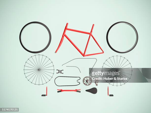 bicycle shown in component parts - démonter photos et images de collection