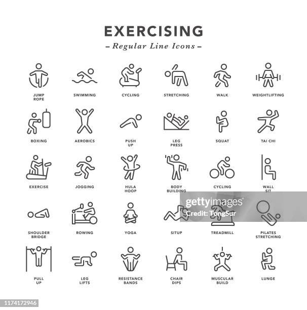 exercising - regular line icons - gym stock illustrations