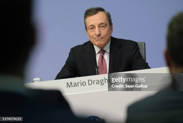 Mario Draghi, President of the European Central Bank, speaks to the media following a meeting of the ECB governing board on September 12, 2019 in...